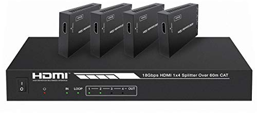 Monoprice Blackbird 4K HDMI 2.0 1x4 Splitter Extender Kit | 18Gbps, HDR, 4K@60Hz, Cat7 With IR, Loop Out, EDID, POC & 4 Receivers, Up to 60 Meter (197ft)