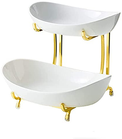 ZJYWMM Ceramic Fruit Etagere, 2 Story Worktop Fruit Shell with Golden Metal Stand, Nordic Creativity Fruit Basket Fruit Basket Storage for Kitchen Decoration, Vegetables, Fruit, Snacks,Wh