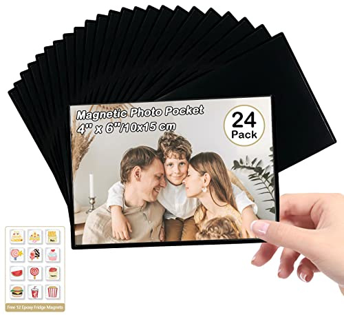Mingting 24 PCS Magnetic Picture Frame, Holds 4X6 Inches Pictures, Reusable Black Magnet Fridge Photo Sleeves with for Refrigerator, Locker,Office Cabinet with Free Removable 12 Pcs Food Fridge Magnet