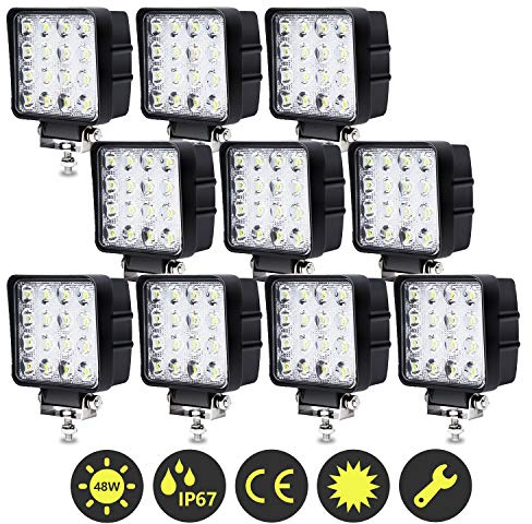 Einfeben Luces de Trabajo LED Rectangulares IP67 Impermeables 12V 24V Faros LED para Camiones, Offroad, SUV, ATV, Tractor Luces de Marcha Atrás (48W 10 piezas)