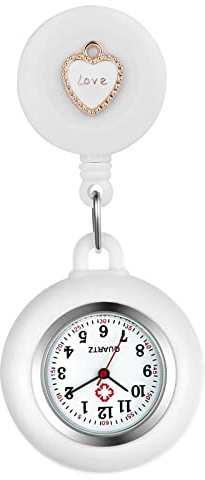 Avaner Krankenschwesteruhr Herz Design Silikon: Pflegeruhr FOB Analog Quarzwerk Pulsuhr Ansteckuhr Unisex Silber Schwesternuhren mit Pin Clip Ausziehbar Arzt Doktor Medical Taschenuhr