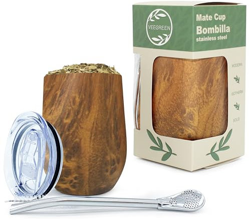 Veegreen Kit Calebasse Yerba Maté | Tasse Isotherme + Paille Bombilla Traditionnelle + Couvercle | Gourde Idéale pour Boire Le Maté Chaud | Double paroi en Acier Inoxydable (Bois)