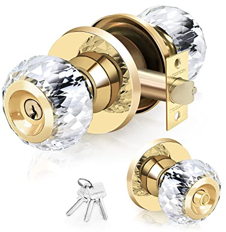 LOQRON Crystal Door Knobs with Lock and Keys with Privacy Lock, Luxurious Diamond Classic Interior Glass Door Knobs for Bedroom Bathroom Gold,1 Pack