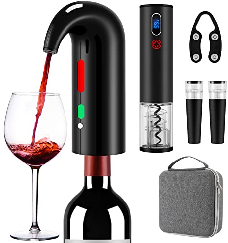 Wine Opener Valentines Day Gift Set with Electric Wine Bottle Opener, Wine Decanter&Wine Aerator and Pourer, wine stopper, Foil Cutter and EVA Storage Bag, Rechargeable and Automatic(Black)