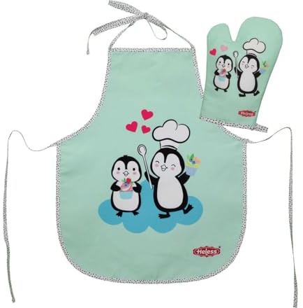 Heless 223 - Ofenhandschuh und Kochschürze für Kinder im Pinguin Pünktchen Design, waschbar, Zubehör zum Kochen und Backen
