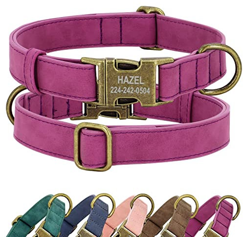 Didog Personalisiertes Leder-Hundehalsband, weiches langlebiges individuelles verstellbares Hundehalsband mit Namensschild Schnellverschluss-Metallschnalle für kleine, mittelgroße große Hunde, lila, M