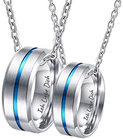KnSam Partner Kette Personalisiert aus Edelstahl, 8MM Ring Anhänger Gebürstet Gravur Ich Liebe Dich Kette Paar 2 Stück, Silber Blau, Damen 54 Herren 62, 60cm & 50CM Länge