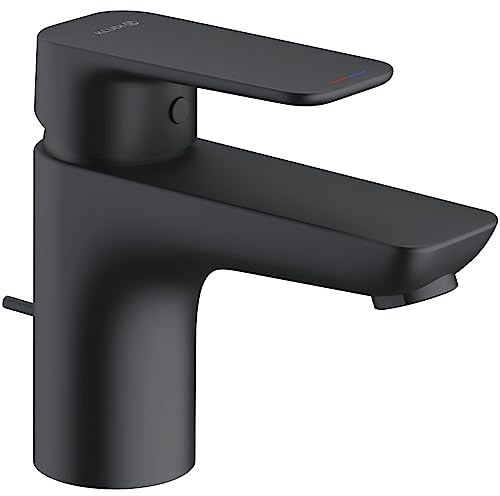 Kludi Waschtischarmatur Pure&Style - Armatur Badezimmer druckfest - Wasserhahn mit Zugstange und Ablaufgarnitur inklusive Ventil, schwarz matt