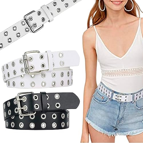 Sporgo 2 Stück Gürtel Damen: Taillengürtel Damen Gürtel Herren Y2K Ledergürtel Punk Stretchgürtel Nietengürtel Doppelter Belt Women Hip Hop Taillengürtel Rock Gürtel für Kleid für Kleider Jeans Hosen