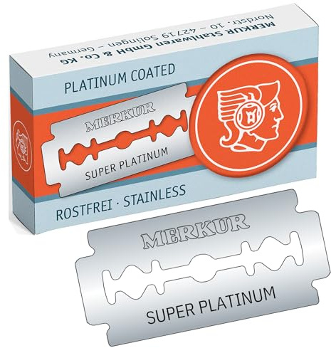 MERKUR Rasierklingen Edelstahl Super Platinum 910 (10 Stück) | Geeignet für traditionelle Rasierhobel | Doppelseitige Rasierklingen mit Platin und Teflon beschichtet | Rostfreier Edelstahl
