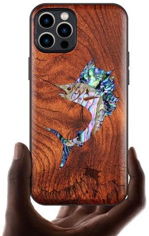 Carveit Bois Etui pour iPhone 12 Pro Max Magnétique Coque, Incrustation de Coquille Protection de Téléphone Antichoc Compatible avec Apple 12 Pro Max Étui Magsafe (Rosé-Marlin en Plein essor)