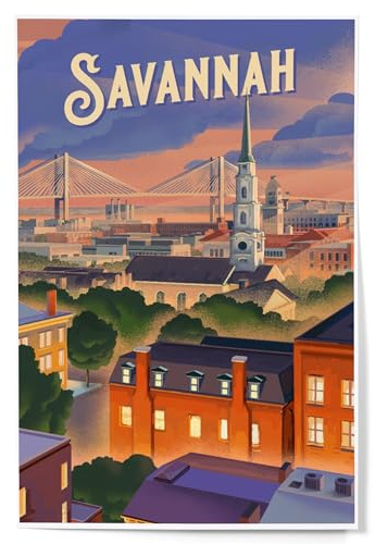 Lantern Press 12x18 Inch Art Print, Home Decor, Savannah, Georgia, Skyline, Lithograph