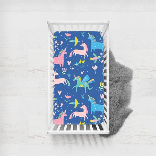 Odot Einhorn Spannbettlaken für Kinderbett un Kleinkind Matratzen, Cartoon-Einhorn-Muster Spannbetttuch Baby Bassinet Laken Matratzenschoner aus Mikrofase mit Gummiband (Farbe I,70x140cm)