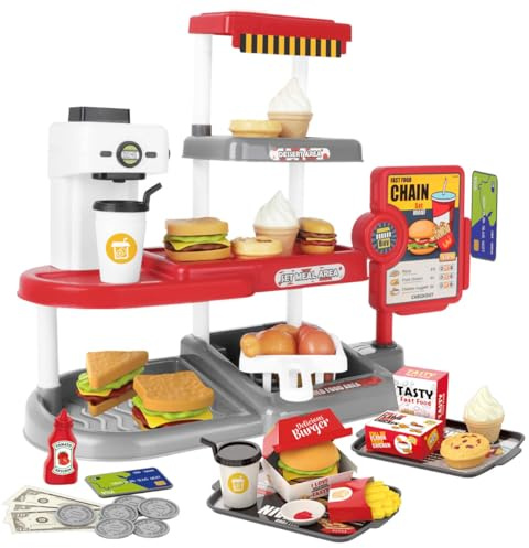 deAO Fast Food Playset for Kids 71PCS Pretend Play Food with Cash Register, Drink Dispenser & Burger Play Set for Role Play Toys, Kitchen Playset for Ages 3+ Boys Girls (Red)