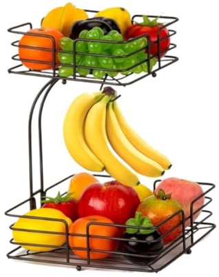 MOBAAK Fruit Bowl Fruit Basket 2-Tier Square Countertop Fruit Vegetables Basket Bowl Storage with Banana Hanger Black Iron Fruit Baskets for Kitchens