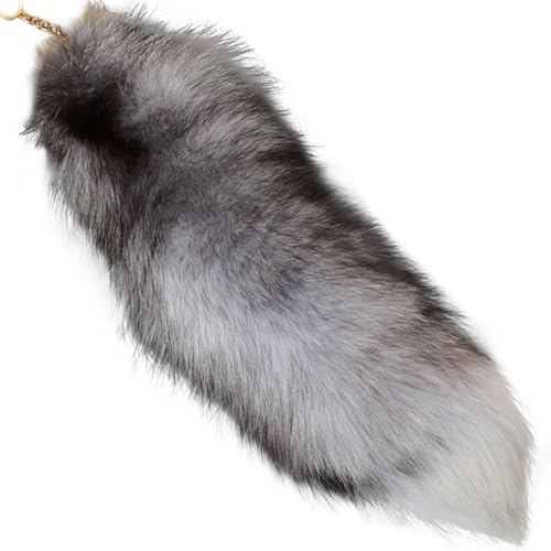 Fox Schwanz 15,75 Zoll Tier Schwanz zotteligen Kunstfell Schwanz realistische Fuchs Schwanz Schlüsselbund Dekoratives Therian Schwanz für Handtaschen Rucksack Cosplay, Silber, Schlüsselketten