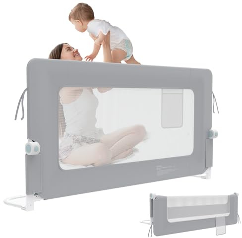 YUENFONG Griglia di protezione per il letto, 180 cm, per bambini, regolabile in altezza, da 72 a 96 cm, pieghevole, protezione laterale, colore: grigio