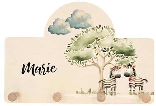Geschenkfreude Personalsierte Kindergarderobe mit Namen aus Holz - Kinder Garderoben einzigartige Kinderzimmer Deko - individuelle Wandgarderobe - Baby Garderobe - Kleiderhaken für Kinder - Zebra