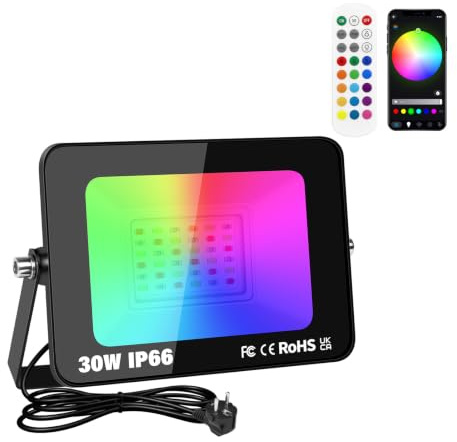 Willpower Faro LED RGB 30W Telecomando e App Faretti LED Esterno con Spina | Proiettori 3,000lm, Telo Cambio Colore, Dimmerabile, con Memoria Timer, Modalità DIY, Luce per Giardino Palco Partito