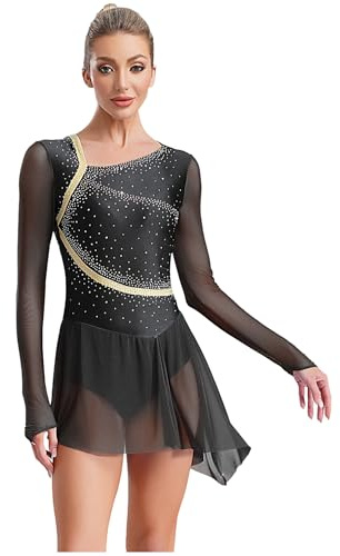 YiZYiF Damen Tanzkleid Langarm Glitzer Eiskunstlauf Kleid Ballettanzug Rückenfrei Mit Swing Rock Gymnastik Rollkunstlauf Tanzkostüm Schwarz S
