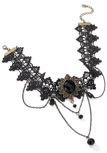Faletony Gothic Spitzen Choker Halskette Damen Spitze Halskette Schwarz Perlen Quasten Halsketten Kristall Anhänger Halskette mit hohler Blume Schmuck für Damen und Mädchen
