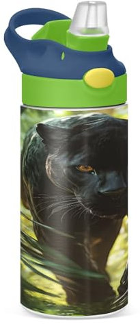 JUMBEAR Fierce Leopard Bouteille d'eau isotherme de 350 ml avec couvercle à paille, bouteille d'eau en acier inoxydable pour garçons et filles