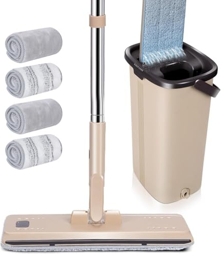 Masthome Bodenwischer mit Eimer Set, Putzeimer und Flacher Mopp Set mit Langem Griff aus Edelstahl und 6 Mikrofaser Wischpads