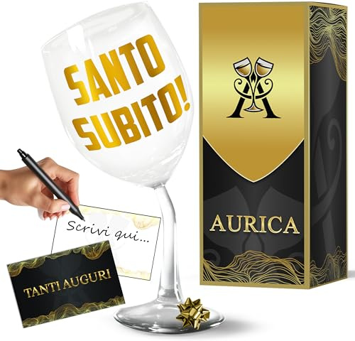 Aurìca Calice Vino Personalizzato SANTO SUBITO Il Regalo Geniale Per L’Amico Paziente, Ironico E Sempre Con Il Calice In Mano! – Bicchiere Piegato Originale Da 440ml Con Scatola Regalo Inclusa