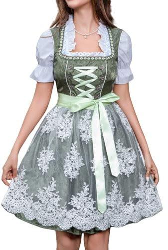 Abaowedding Dirndl Damen Midi Trachtenkleid Trachtenmode Trachtenrock 3 Teilig Dirndlkleid inkl. Spitzendirndlschürze Dunkelgrün Kleid und Bluse(M)