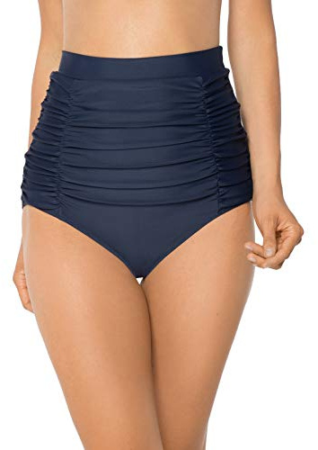 Ocean Blues Women's Navy Blue High Waisted Bikini Bottoms Tummy Control Swimwear Ruched Beach Briefs Size X-Large