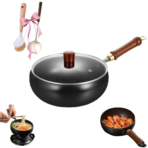 Padella in ferro forgiato giapponese, padella in ferro non rivestita, antiaderente forgiato a mano giapponese senza, rivestimento con coperchio, per pentole a gas, con spatola (coperchio in vetro, 24