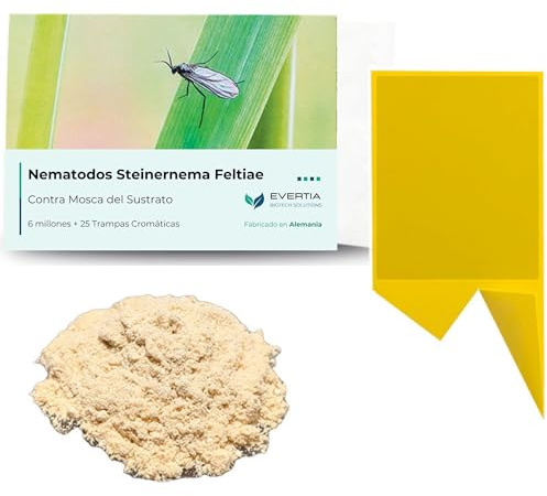EVERTIA Nematodos contra Mosca del Sustrato, Mosquitos Plantas Interior, 6 Mill. + 20 Trampas Amarillas. Kit Completo contra los Mosquitos de los Hongos, Moscas del Mantillo