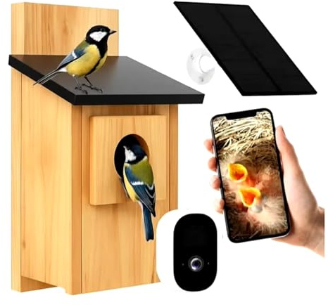 Smart Bird Box with 5MP Wi-Fi Camera – Solar-Powered Nest Box for Live Birdwatching, Motion Detection & App Alerts, Weatherproof Wooden Birdhouse