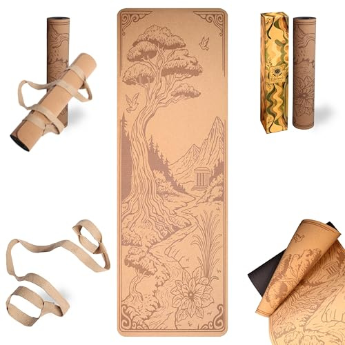 Edelwelt Yogamatte aus Kork – rutschfest & nachhaltig – 183×61 cm mit 5 mm dicker Matte, Tragegurt & Lasergravur-Design für Yoga, Pilates, Gym & Sport – für Anfänger & Geübte