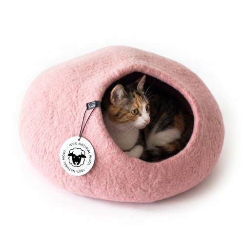 LucyBalu® Pebble Filzhöhle 100% Schurwolle – Rosa | Handgefilzte Katzenhöhle & Kuschelbett, atmungsaktiv, robust, aus Nepal