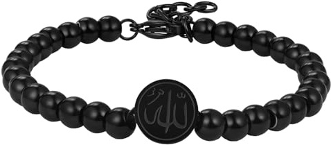 Cupimatch Allah Perlenarmband Islamisches Armband: Edelstahl Religiöse Gebetskette mit Halbmond Symbol Glaube Kugelarmband Verstellbare Länge 18-22cm Ramadan Eid Schmuck für Männer Frauen, Schwarz