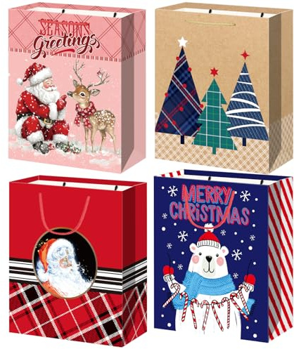 DECHISY 4 Stück Weihnachtstüten Groß mit Griff, Geschenktüten Weihnachten, Weihnachtsgeschenktüten für Weihnachtsgeschenke, Partyzubehör, Geschenken, 4 Designs(32 x 26 x 12 cm)