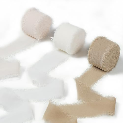 Ezvsevuo Geschenkband Schleifenband, 2,5cm x 18,9m Chiffonband Stoffband, Schleifenband Bänder-Set für Hochzeiten, Einladungen, Geschenkverpackungen, Dekoration - Braun & Hellchampagner & Weiß