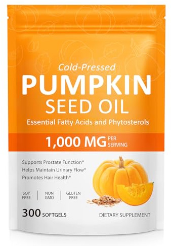 Pumpkin Seed Oil Capsules (1,000mg/serving), Cold-Pressed Pumpkin Seed Oil for Hair Growth, Prostate Health, Urinary Tract Support, 300 Softgels Supplement of Essential Fatty Acids & Zinc
