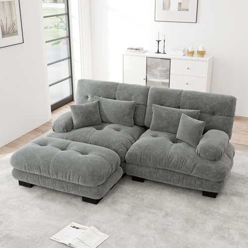 Ligterra Sofa mit Schlaffunktion, Sofa 2 Sitzer Cloud Ecksofa für Wohnzimmer, Chenille Doppelsofa mit 2 Lendenkissen und 2 Dekokissen, Polstersofa mit Breiten Armlehnen und Ottoman, Grau