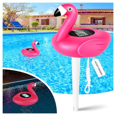 LanBlu Termómetro Piscina Flotante, Flamingo Termómetros Piscinas Digital, Termómetro de Piscina Solar con Luz de Fondo para Fácil de leer por la noche, Termómetros Digital para Piscinas Estanque Spa