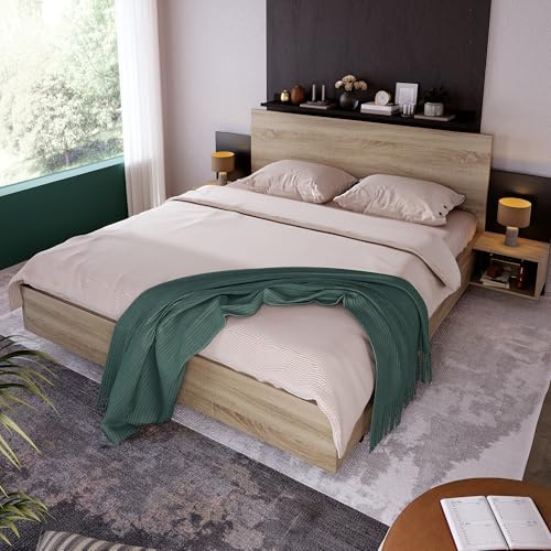 BXEYXE Doppelbett Holzbett Bettanlage 160 x 200 cm mit 2 Nachtkommoden Modernes Bett inkl. 2 Nachttischen Schlafzimmer Komplett-205.5x235x76.5 cm(T/B/H) Set in Eiche Sonoma/Dunkelgrau