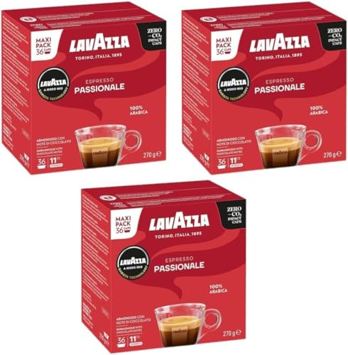 Lavazza A Modo Mio Espresso Passionale Coffee Pods x36 (Pack of 3, Total 108 Capsules) - Dark Roast with Caramel & Chocolate Notes | Intensity 11/13, with Notes of Chocolate, 100% Arabica, Medium-Dark Roasting, Ideal for 40ml Espresso