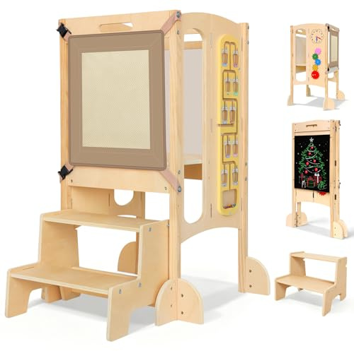 SOFTHOM Lernturm Klappbar ab 1 Jahr, Learning Tower mit Tafel,Montessori Tower für Kinder inkl. 360° Sicherheitsnetz, 5-in-1 Lernleiter Platzsparend, Höhenverstellbar mit Fußstütze, Vormontiert