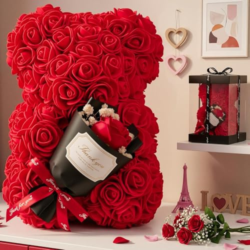 Otlonpe Rosenbär Muttertagsgeschenke für Mama, Geschenke für Frauen Sie Freundin, Cute Rosen Teddybär mit Blumen Tisch Dekorationen für Geburtstag, Valentinstag, Weihnachten (Rot)