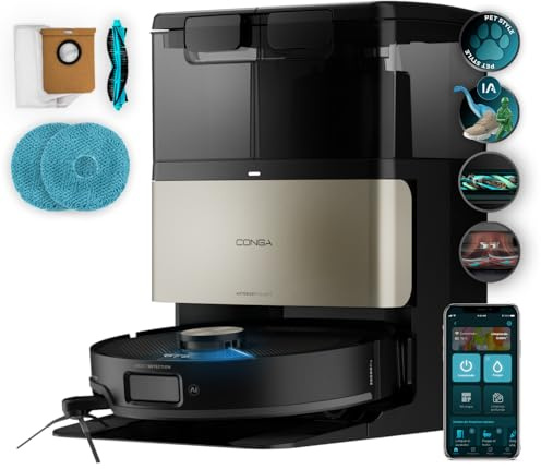 Cecotec Robot Aspirateur et Laveur de Sol avec Base Autonettoyante et IA Conga X80 Pro. 25000 Pa, Auton 240m², Technologie Adaptative, Désinfection des Serpillières, Bluetooth et WiFi, App Control