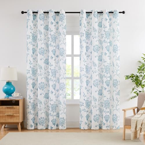 Treatmentex Cortinas con Estampado Floral Azul Oscuro con Ojales, 140x245cm | Cortinas Translucidas para Dormitorio, Comedor y Salón, Estilo Rústico Europeo, Juego de 2 Visillos con Motivos Florales