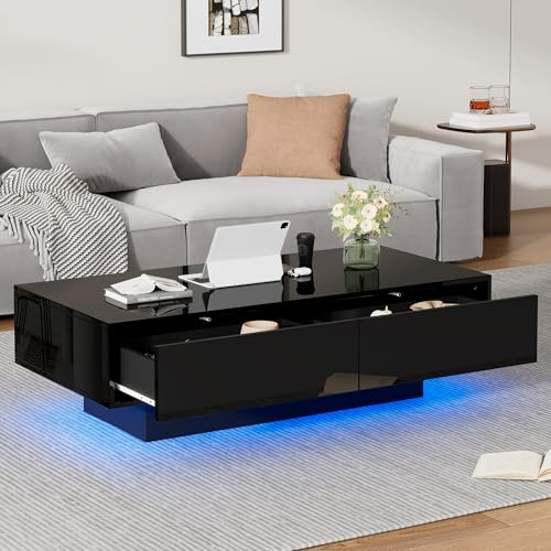CelticHearth Mesa de centro negro brillante, 115 x 55 x 34 cm, con 2 cajones, iluminación LED, capacidad de carga de 30 kg, tablero de partículas, moderna