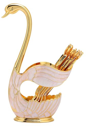 Haofy Juego de Cucharas de Postre de café de Lujo, Decoración de Mesa con Base de Cisne para Parejas | Presente Práctico (oro blanco)