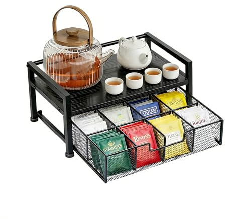 Organizador de bolsas de té de madera, soporte para bolsas de té con cajón, caja de almacenamiento con 8 compartimentos, organizador de latas de té para encimera de cocina (negro)
